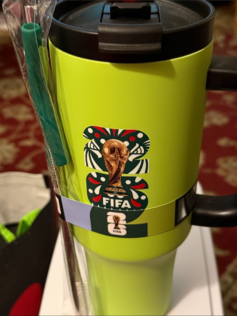 FIFA Lime Green Travel Mug with Straw and Handle